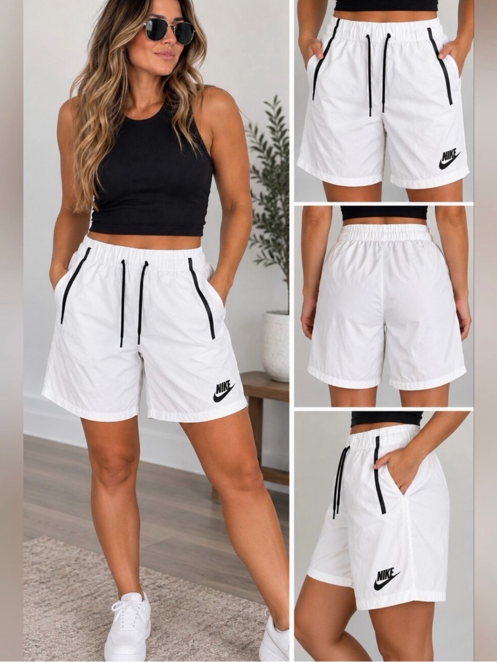 Nike Women’s Sportswear Woven Shorts White Black Size M NWT Athletic Running